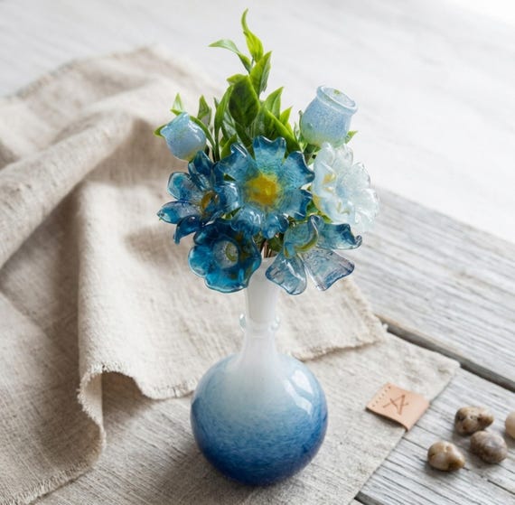 Blue Blown Glass Flower Bouquet: Forget-Me-Nots, Copper Stems