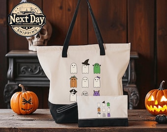 Cute Halloween Ghosts Tote Bag, Canvas Bag with Adorable Ghost Designs, Fun and Friendly Halloween Gift for All Ages