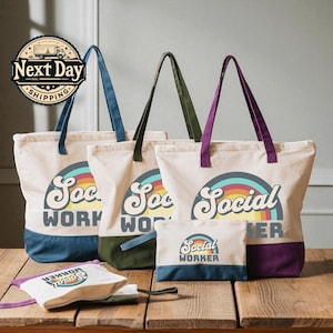 May include: Beige tote bags and pouches with the text "Social Worker" in a retro rainbow design. The bags have colored bottoms and handles in blue, green, and purple. The bags are made of canvas.