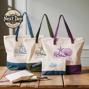May include: Cream-colored tote bags with blue, green, and purple accents. Each bag features a seashell and starfish design with the word "Summer" or "Vibes" printed on them. A matching small pouch is also included.