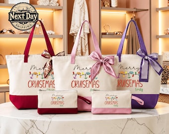 Personalized Merry Cruisemas Canvas Tote Bag, Nautical Holiday Shopper, Festive Christmas Travel Tote