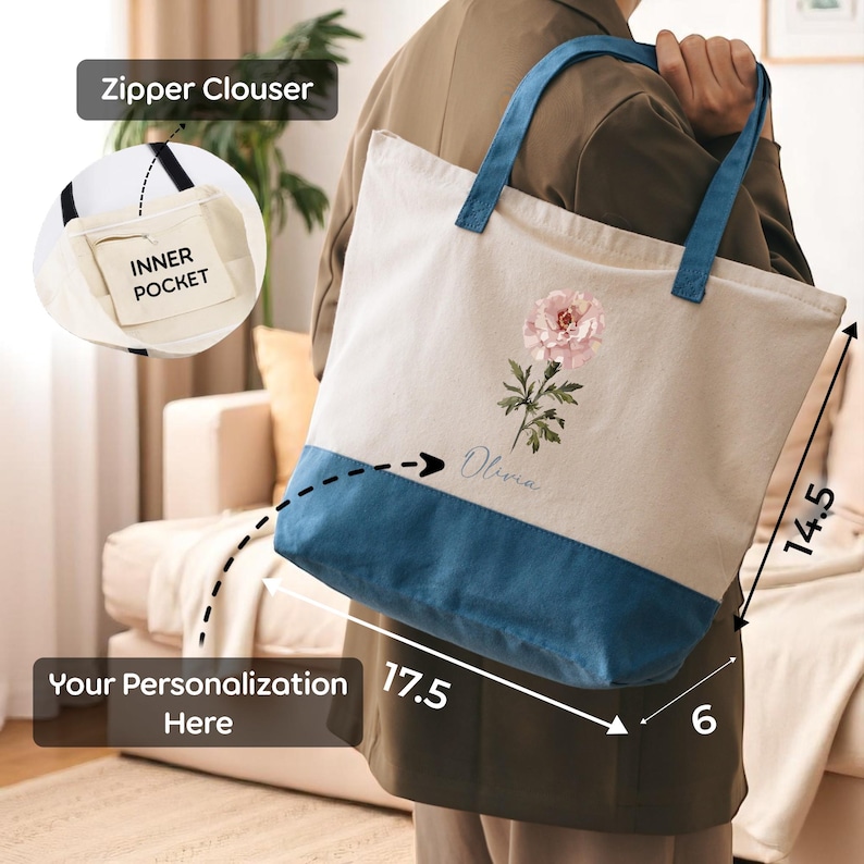 a person holding a large tote bag with a floral design, including a zipper clover and an inner pocket. The bag is described as having a personalization, and there are measurements provided.