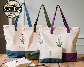 Custom Birth Month Flower Tote Bag, Personalized Floral Gift, Botanical Birthday Tote for Women