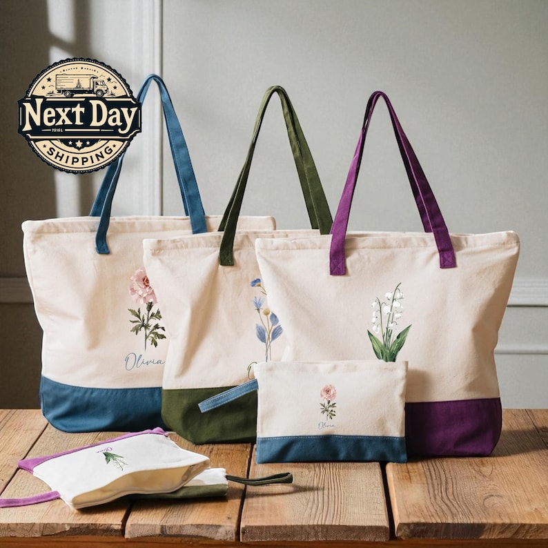 a collection of colorful tote bags and a small purse on a wooden surface, with a "Next Day Shipping" logo in the background.