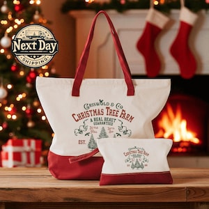 Vintage Christmas Tree Farm Canvas Tote Bag, Rustic Holiday Shopper, Festive Winter Market Tote
