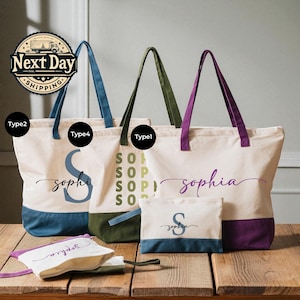 May include: Canvas tote bags with personalized names and initials in various colors. The bags have colored bottoms and handles, with matching small pouches. The text "Next Day Shipping" is visible in a circular logo.