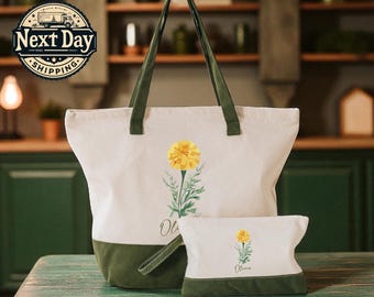 Personalized Birth Month Flower Tote Bag, Custom Botanical Gift, Floral Birthday Tote for Her