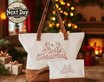Custom Merry Christmas Canvas Tote Bag, Personalized Holiday Gift, Festive Winter Shopping Bag, Reusable Xmas Market Tote