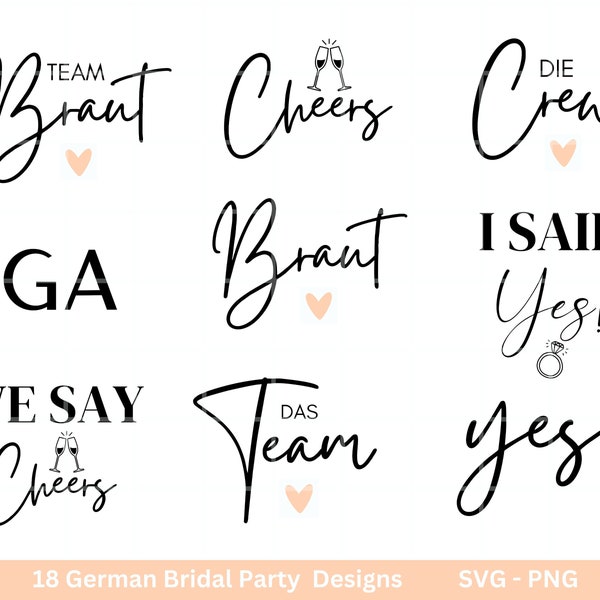 German Bride SVG Bundle - Hochzeit Party - Brautjungfer - JGA - Verlobungsfeier-  Cricut Silhouette Studio Plotterdatei SVG - Bride Shirts