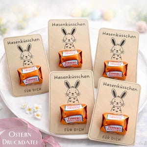 Può includere: Biglietti regalo a tema pasquale con un'illustrazione di coniglietto e il testo "Hasenküsschen" e "Für Dich". Ogni biglietto contiene un cioccolatino Ferrero Rocher. La composizione è su un piatto bianco con decorazioni floreali.