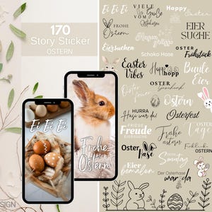 Puede incluir: Un conjunto de pegatinas digitales con temática de Pascua con el texto "170 Story Sticker Ostern". La imagen presenta dos teléfonos inteligentes que muestran huevos de Pascua y un conejo, junto con varias palabras y frases relacionadas con la Pascua.