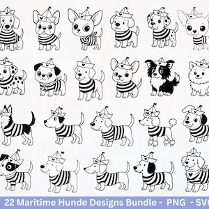 May include: A set of 22 black and white cartoon dog illustrations. Each dog is depicted wearing a sailor hat and a striped shirt. The dogs are of various breeds and poses, creating a nautical theme. The image includes the text "22 Maritime Hunde Designs Bundle - PNG - SVG".