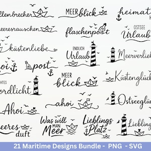 Op de afbeelding: Een verzameling van 21 maritieme ontwerpen in zwart, met nautische elementen zoals papieren bootjes, vuurtorens en ankers. De ontwerpen bevatten verschillende Duitse zinnen over de zee, perfect voor kustthema projecten.