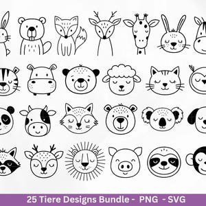 Könnte beinhalten: Schwarz-Weiß-Strichzeichnungen von 25 verschiedenen Tiergesichtern, darunter ein Hase, ein Bär, ein Fuchs, ein Hirsch, eine Giraffe, ein Zebra, ein Tiger, ein Nilpferd, ein Schaf, eine Katze, eine Eule, ein Panda, eine Kuh, ein Koala, ein Hund, ein Waschbär, ein Löwe, ein Schwein und ein Affe. Der Text "25 Tiere Designs Bundle - PNG - SVG" steht unten.