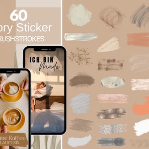 60 neutrala Instagram Story-klistermärken – Brushstroke PNG Clipart-set, penseldrag, glitterpenseldrag, digitala planeringsklistermärken Insta Story
