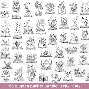 Könnte beinhalten: Schwarz-Weiß-Illustrationen von offenen Büchern mit floralen, himmlischen und naturnahen Designs. Das Bild zeigt verschiedene Darstellungen von Büchern mit Blumen, Monden, Sonnen und Sternen. Der Text unten lautet "56 Blumen Bücher Bundle - PNG - SVG."
