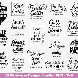 Könnte beinhalten: Eine Sammlung von 18 schwarz-weißen Bibelvers-Designs in verschiedenen Schriftarten und Layouts. Die Designs enthalten Sätze wie "Der Herr kämpft für dich" und "Jesus verändert alles". Das Bild enthält auch den Text "18 Bibelverse Designs Bundle - PNG - SVG".