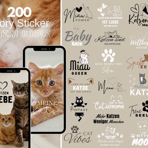 Könnte beinhalten: Ein Bundle von 200 Story-Stickern zum Thema Katze. Das Bild zeigt zwei Smartphones mit Katzenfotos und Texten sowie eine Sammlung von Stickern mit katzenbezogenen Phrasen und Grafiken. Die Sticker enthalten Sätze wie "Cat Vibes" und "Kitty Mood".