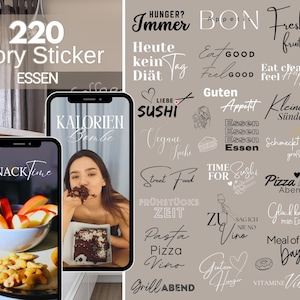 Könnte beinhalten: Bild mit Instagram Story-Stickern zum Thema Essen. Zwei Smartphones zeigen essensbezogene Inhalte, begleitet von Text-Overlays wie "Snack Time", "Pizza Abend" und "Fresh Fruits". Das Bild bewirbt essensbezogene Inhalte für soziale Medien.