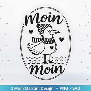 Op de afbeelding: Zwart-wit illustratie van een zeemeeuw met een muts en sjaal, met het woord "Moin" erboven en eronder. De zeemeeuw heeft een hart op de borst en is omringd door harten en golven.