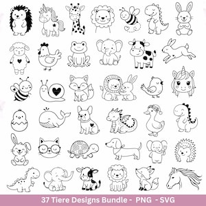 Op de afbeelding: Een verzameling van 37 zwart-witte dierontwerpen, waaronder een egel, een eenhoorn, een giraffe, een leeuw, een bij, een dinosaurus en een konijn. De ontwerpen zijn in cartoonstijl en geschikt voor diverse knutselprojecten.