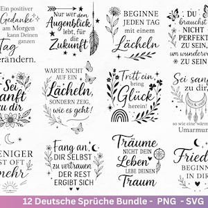 以下が含まれることがあります： 12のドイツ語のモチベーションを高める引用句のコレクション。それぞれに花柄と装飾的な要素があります。「毎日笑顔で始めましょう」と「あなたの人生を夢見て、あなたの夢を生きましょう」というフレーズが含まれています。