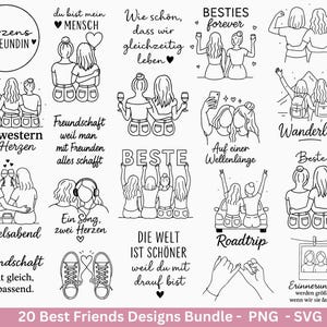 Pode incluir: Uma coleção de 20 designs de melhores amigos em preto e branco, incluindo ilustrações de figuras abraçando, frases de texto como "Besties Forever" e as palavras "Roadtrip" e "Wanderlust". Os designs estão em formato PNG e SVG.