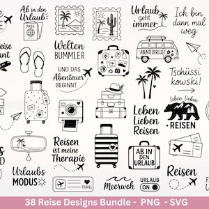 May include: A collection of black and white travel-themed graphics. Features suitcases, passport, airplane, palm trees, and text such as "Gute Reise", "Travel", and "Adventure Begins". Ideal for travel crafts.