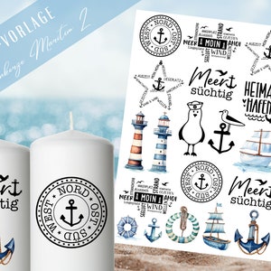 Maritime Kerzen PDF Vorlage - Kerzen Tattoo Vorlage Stumpenkerze  - Kerzen selbst gestalten - Kerzensticker Ahoi -  Heimathafen Moin Kerzen