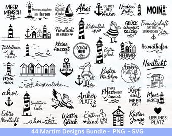 Nautisch plotterbestandpakket – Kustliefde-uitspraken en vuurtorenmotieven | Hallo Noordzee Oostzee SVG | Meeuwen Anker Zee | Cricut Laserbestand Hout