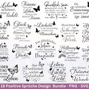 Puede incluir: Un paquete de diseño digital con 18 citas positivas alemanas en fuente negra, cada una acompañada de ilustraciones de mariposas. Las frases están diseñadas para formatos PNG y SVG.