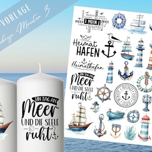 Maritime Kerzen PDF Vorlage - Kerzen Tattoo Vorlage Stumpenkerze  - Kerzen selbst gestalten - Kerzensticker Ahoi -  Heimathafen Moin Kerzen