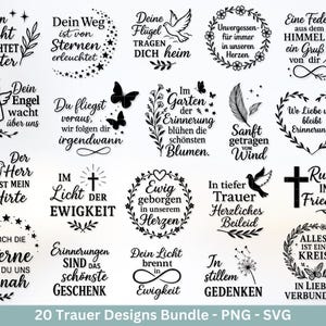 Könnte beinhalten: Eine Sammlung von 20 Trauerdesigns in Schwarzweiß, darunter Sätze wie "Dein Licht leuchtet weiter" und "Ruhe in Frieden", mit floralen und Schmetterlingsmotiven. Geeignet für PNG- und SVG-Formate.