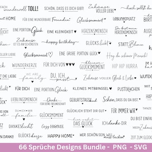 Pode incluir: Uma coleção de 66 frases e citações alemãs em uma variedade de fontes. As frases incluem sentimentos como "Lar Doce Lar", "Feliz Aniversário" e "Somos família". Os designs estão disponíveis nos formatos PNG e SVG.