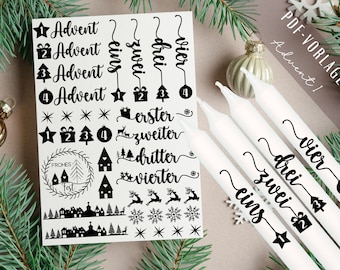 Weihnachten PDF Vorlage - Adventskerzen Tattoo Vorlage - Kerzen selbst gestalten - Kerzensticker Weihnachtszeit - Weihnachtskerze - Advent