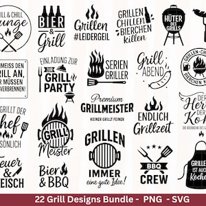 Könnte beinhalten: Eine Sammlung von 22 schwarz-weißen Grillmotiven, darunter Texte wie "Grill & Chill Lounge", "Grill Party" und "BBQ Crew". Die Designs sind in einem PNG- und SVG-Bundle enthalten.