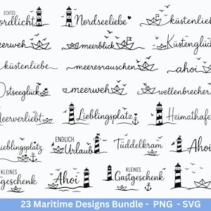 May include: A collection of 23 maritime-themed designs in black and white. The designs include lighthouses, paper boats, seagulls, and various German words and phrases related to the sea, such as "Nordlicht" and "Ahoi."