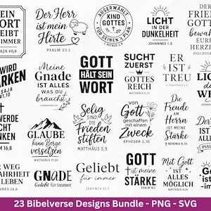 Może przedstawiać: Kolekcja 23 czarno-białych wzorów z wersetami biblijnymi w różnych czcionkach. Projekty zawierają frazy takie jak "Bóg jest dobry" i "Pan jest moim pasterzem", odpowiednie do sztuki cyfrowej lub projektów drukowania.