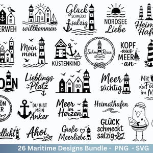 Könnte beinhalten: Ein Bundle mit 26 maritimen Designs in Schwarz und Weiß, darunter Leuchttürme, Anker, Möwen und Sätze wie "Glück schmeckt salzig" und "Kopf aus Meer an". Geeignet für Bastelprojekte, im PNG- und SVG-Format.