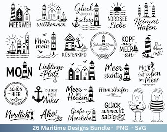 Maritiem SVG-pakket – Plotterbestand en laserbestand | Hallo, vuurtoren, meeuwen | Noordzee-Oostzeespreuken | Kustliefde | Cricut Silhouette-ontwerp