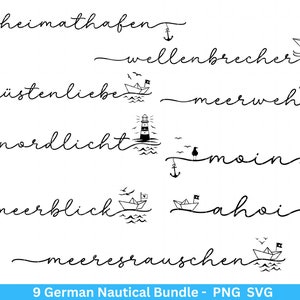 Paquete náutico alemán - Archivo de trazador Moin - Marítimo svg - Clipart náutico - Faro svg - Palabras marítimas svg - Puerto de origen svg Cricut