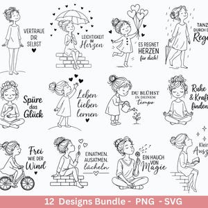 Puede incluir: Ilustraciones en blanco y negro de niñas en varias poses con frases inspiradoras. Los diseños incluyen una niña con un paraguas, una niña en bicicleta y una niña soplando burbujas. El texto incluye "Confía en ti mismo" y "Un toque de magia."