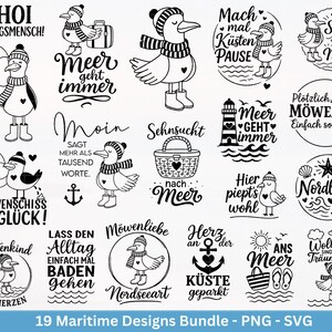 Op de afbeelding: Een bundel van 19 zwart-witte maritieme ontwerpen. De ontwerpen tonen cartoon zeemeeuwen met hoeden, sjaals en laarzen, met zinnen als "Meer geht immer" en "Möwenschiss ist Glück!" inbegrepen.