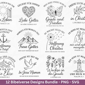 Może przedstawiać: Zestaw 12 czarno-białych wzorów o tematyce chrześcijańskiej, każdy z innym wersetem biblijnym. Wzory zawierają elementy dekoracyjne, takie jak serce, motyl, kotwica, góry i latarnia morska. Formaty PNG i SVG.