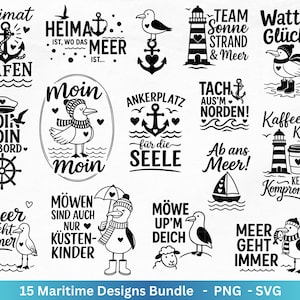 Puede incluir: Un conjunto de 15 diseños de temática marítima en blanco y negro. Los diseños incluyen anclas, gaviotas, faros y frases como "El hogar es donde está el mar" y "Café, Costa". El paquete incluye archivos PNG y SVG.