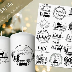 Stumpenkerzen Weihnachten PDF Vorlage - Kerzentattoo Kerzensticker - Weihnachtszauber - Hallo Winter - Winterlicht - Große Kerzen gestalten