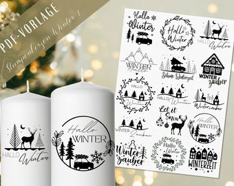 Stumpenkerzen Weihnachten PDF Vorlage - Kerzentattoo Kerzensticker - Weihnachtszauber - Hallo Winter - Winterlicht - Große Kerzen gestalten