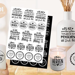 PDF Vorlagen Stumpenkerzen - Rub ons Sticker - Kerzentattoo Herzensmensch Kerzensticker - Raysin Herz Keraflott - Windlicht - Kerzenglas