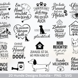 Könnte beinhalten: Eine Sammlung von 20 Hunde-Designs in Schwarz und Weiß. Die Designs umfassen Sätze, Pfotenabdrücke und Hundesilhouetten, die für verschiedene Bastelprojekte geeignet sind. Der Text enthält Sätze wie "Zuhause ist da, wo mein Hund ist" und "Ohne meinen Hund ist alles doof."