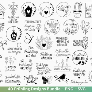 May include: A collection of 40 black and white spring-themed designs. The designs include illustrations of birds, flowers, butterflies, and text in German. The text includes phrases like "Spring is here!" and "Hello Spring!"